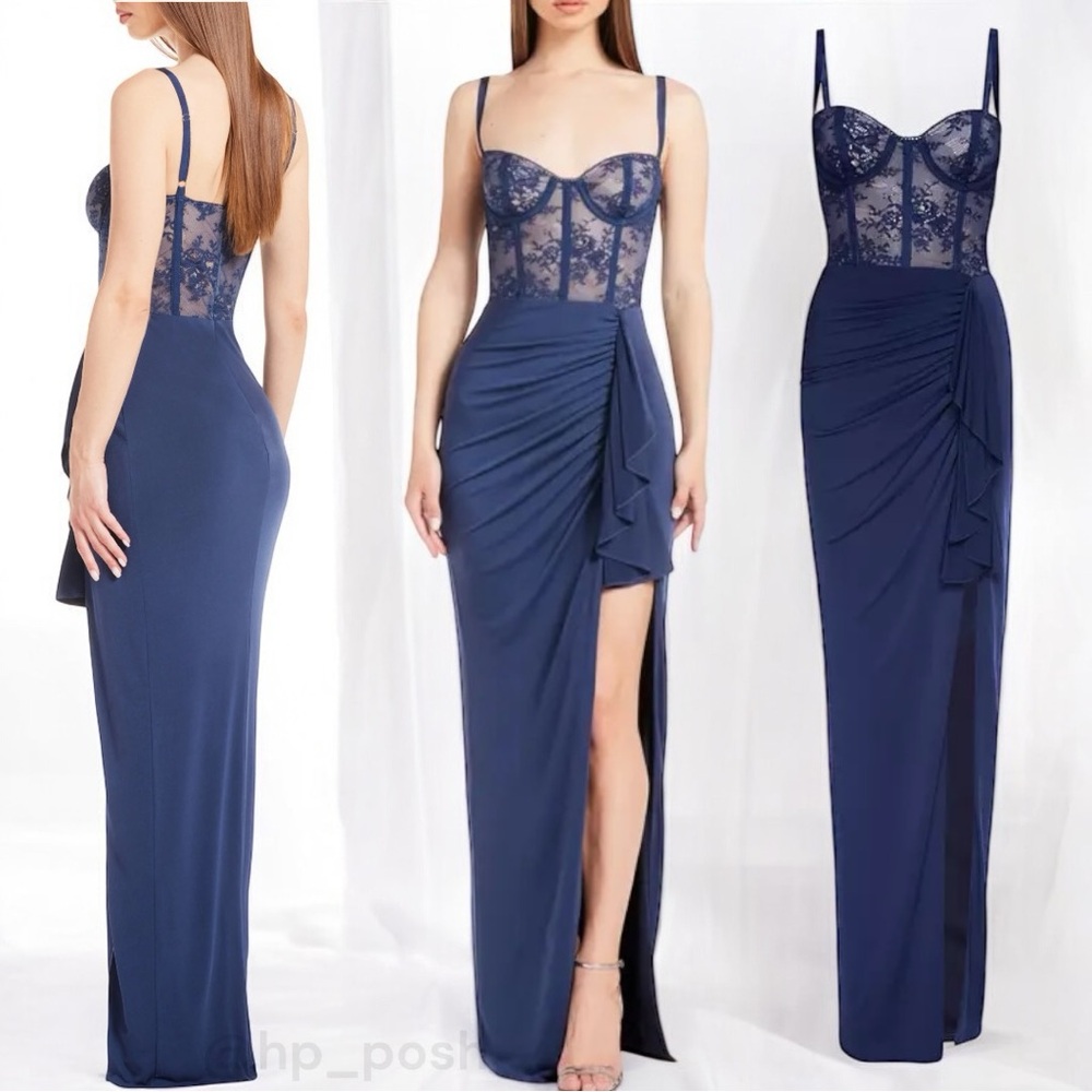 KATIE MAY Willow Floral Lace & Jersey Gown in Deep Sea